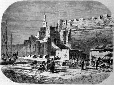 Vue du port de la ville fortifiée de Tanger et de la côte, Maroc. Gravure de 1860 - Unknown artist