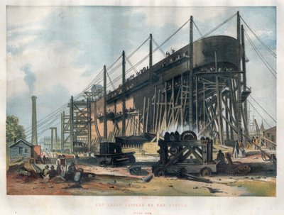 Vue de la poupe du paquebot transatlantique « Great Eastern » (Leviathan) en construction au chantier naval de la Tamise à Londres. Gravure dans « The Illustrated London News » du 7 novembre 1857 - Unknown artist