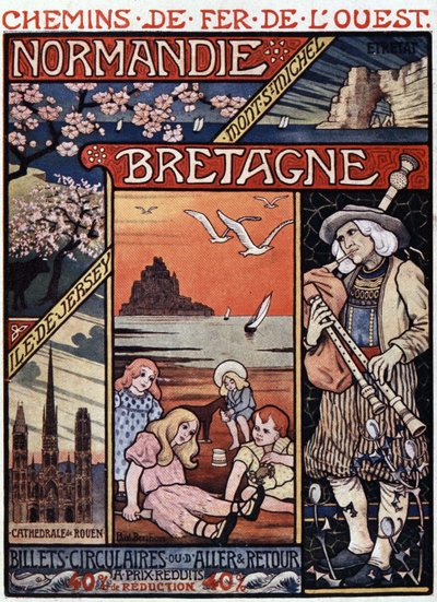 Vues de Normandie (Rouen et Étretat) et de Bretagne (Mont Saint Michel), enfants sur la plage et joueur de cornemuse - affiche publicitaire des Chemins de fer de l