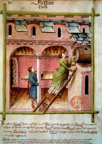 Vinaigre : une jeune femme remplit une cruche. Enluminure du « Tacuinum sanitatis » - Unknown artist