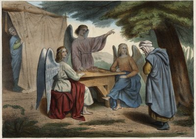 Visite des trois anges à Abraham : Abraham apprend que sa femme Sarah (profonde), déjà très âgée, lui donnera bientôt un fils. Gravure anonyme du milieu du 19ème siècle - Unknown artist