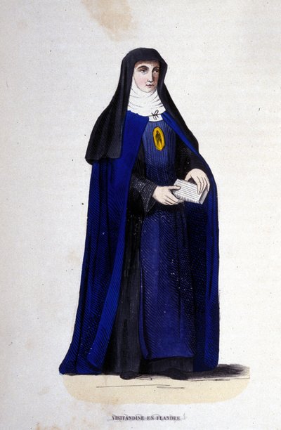 Religieuse visitandine en Flandre. Ordre de la Visitation fondé par Saint François de Sales et Sainte Jeanne de Chantal en 1610. Gravure du XIXe siècle - Unknown artist