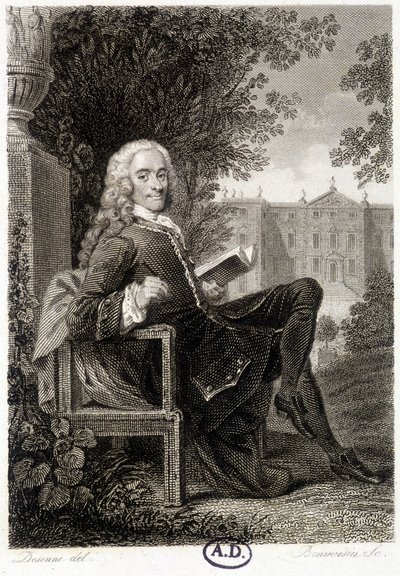 Voltaire lisant dans un parc - gravure - Unknown artist