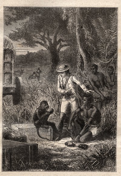 Voyage dans la Cafrerie (Afrique du Sud) (1781) par François Levaillant (Le Vaillant) (1753-1824) : Levaillant et son singe dégustateur Maître Kees, qui goûte les fruits et racines pour vérifier qu