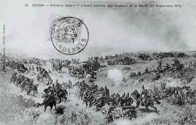 Guerre de 1870 : artillerie bavaroise prenant position depuis les hauteurs de la Marfe dans les Ardennes le 01/09/1870 - Unknown artist