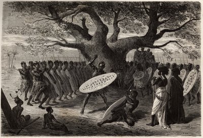 Exercices guerriers des Landines ou caffres-zoulous, à Sena (région du fleuve Zambèze, Mozambique). Gravure pour illustrer les premiers voyages du Dr Livingstone en Afrique australe de 1840 à 1856, dans « Le tour du monde, nouveau journal des voyages » pub - Unknown artist