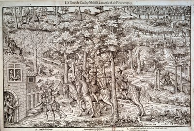 Guerres de religion 1562-1598 : Assassinat de François Ier de Lorraine (1519-1563) deuxième duc de Guise le 18/02/1563. Chef catholique, il fut tué par le calviniste Jean de Poltrot de Méré ou Méréy. Gravure du XVIe siècle - Unknown artist