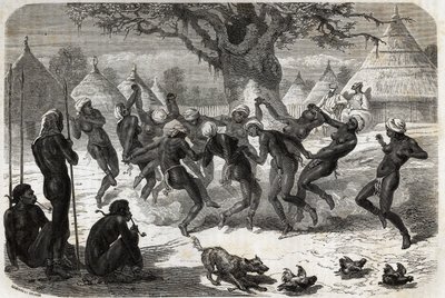 Danse de bienvenue par les femmes de la tribu, au retour de Baker et de sa femme du lac Albert (Albert Nyanza). Gravure pour illustrer le voyage au lac Albert, en 1861-1864, de Sir Samuel White Baker, dans Le tour du monde, nouveau journal des voyages - Unknown artist