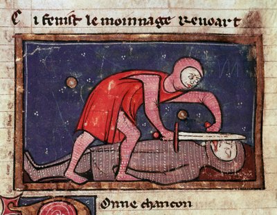 Guillaume V de Poitiers dit le Grand (960-1030) coupe la langue de son ennemi le comte Boson II de la Marche (988-1008) en 1008 Miniature tirée de « Le moinage de Guillaume » (ms. 1025) 13ème siècle Milan, Biblioteca Trivulziana - Unknown artist