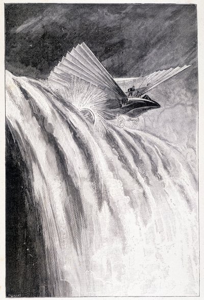 Véhicule ailé traversant une cascade, ill. « Le Maître du monde », Jules Verne, fin du 19e siècle - Unknown artist