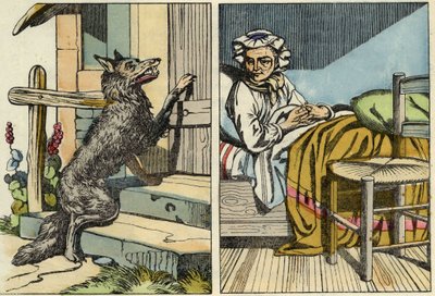 Le loup frappe à la porte de la grand-mère. Illustration du conte « Le Petit Chaperon Rouge » de Charles Perrault - Unknown artist