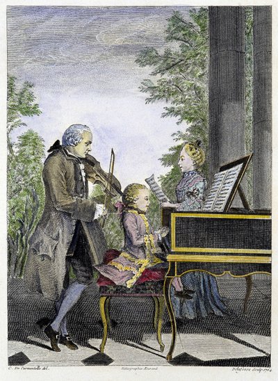 Wolfgang Amadeus Mozart enfant au piano entouré de son père Leopold au violon et de sa sœur Marianne au chant (gravure) - Unknown artist