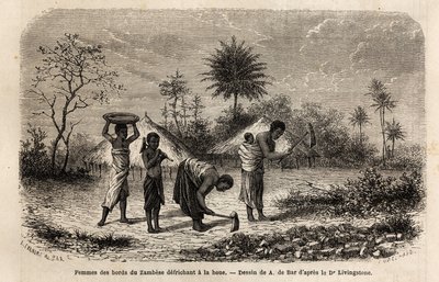 Femmes des rives du Zambèze défrichant une houe, et initiant les enfants au travail agricole. Gravure pour illustrer les premiers voyages du Dr Livingstone en Afrique australe de 1840 à 1856, dans « Le tour du monde, nouveau journal des voyages » publié so - Unknown artist