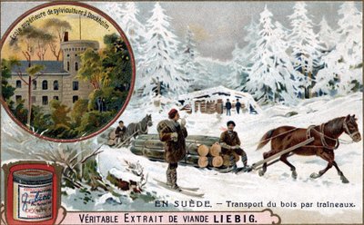 Transport de bois par traîneaux, Suède. Chromolithographie, image Liebig. - Unknown artist