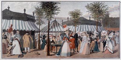 Promenade mondiale à travers les jardins du Palais Royal, fin 18e siècle - chromo d