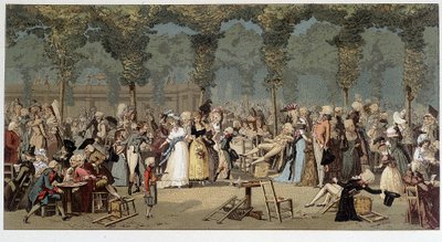 Promenade mondiale à travers les jardins du Palais Royal, fin 18ème siècle - chromo d