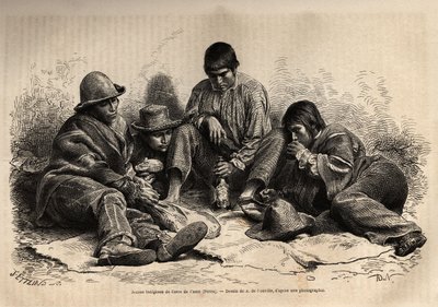 Jeunes Indiens de Cerro de Pasco (centre du Pérou), se rassemblent pour le petit déjeuner. Gravure pour illustrer Les îles Chincha, rect par L. Simonin, en 1860, publié dans "Le tour du monde, nouveau journal des voyages", édité par Edouard Charton - Unknown artist