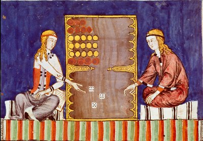 Jeunes femmes jouant au tric trac (tri-trac), ancêtre du backgammon - Miniature du manuscrit Libro de los juegos par Alphonse X le Sage (en espagnol, Alfonso X el Sabio) - Unknown artist