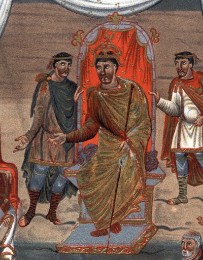 (détail) : Charles II le Chauve (823 - 877), Roi de France recevant une délégation de moines de Tours. Fac-similé en chromolithographie du XIXe siècle d