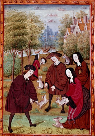 Jeunes gens jouant avec des lapins. Miniature tirée de "Histoire de Jean III de Brush et de sa femme Louise de Laval" (ms. 1475) Chantilly, Musée Condé - Unknown artist