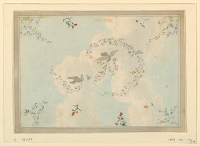 Dessin, motif de plafond avec colombes et guirlandes de fleurs, peut-être pour le hall d