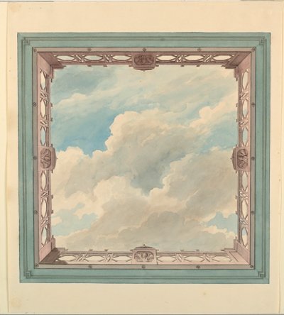 Dessin, plafond avec balcon ajouré et ciel ouvert, peut-être pour un jardin d