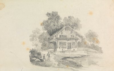 Un chalet avec deux figures devant - Unknown artist