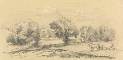 Une Ferme avec un Fermier et son Cheval et Charrue au Premier Plan - Unknown artist