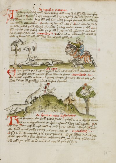 Un renard menaçant un oiseau perché sur une croix de chemin et deux cavaliers indiquant la scène ; un renard courant et attrapant une poule ; une poule dans un arbre au-dessus d
