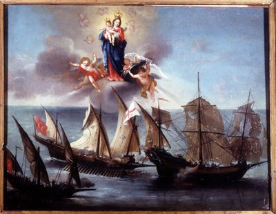 Un bateau de Gênes attaqué par une galiote et une demi-galère barbare. Ex-voto 1796. Museo navale di Genova-Pegli - Unknown artist