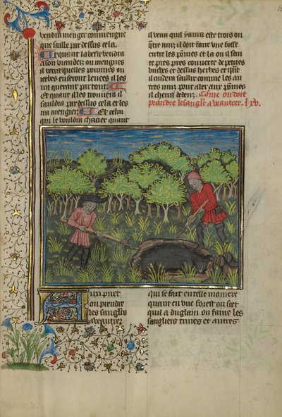 Un chasseur blesse un sanglier pris dans une fosse - Unknown artist