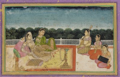 Une dame et une servante sur une terrasse le soir, avec trois musiciennes - Unknown artist