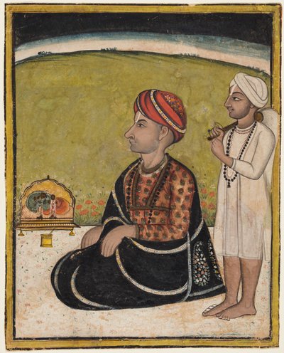 Un souverain assis sur une terrasse vénérant un sanctuaire de Radha et Krishna - Unknown artist