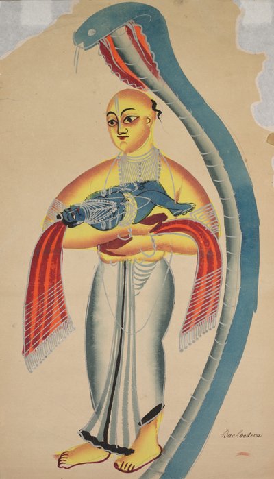 Un serpent protège Vasudeva emmenant son fils Krishna en sécurité - Unknown artist