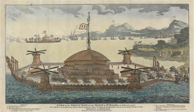 Vue du radeau français, tel que vu flottant à St. Maloes, en février 1798. La machine mesure 600 pieds de long et 300 de large, monte 500 pièces de canon, 36 et 48 livres, et doit transporter 15 000 troupes pour l