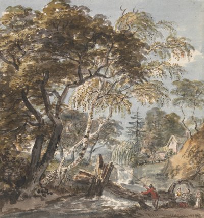 Un ruisseau boisé avec pêcheur - Unknown artist