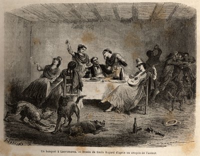 Un banquet à Lauramarca (Bas Pérou), un homme entouré de femmes indiennes, est servi et choyé, tandis que, profitant de sa distraction, ses serviteurs se battent à son insu. Gravure pour illustrer le voyage dans les vallées de Quinquinas (Pérou), par Alfre - Unknown artist