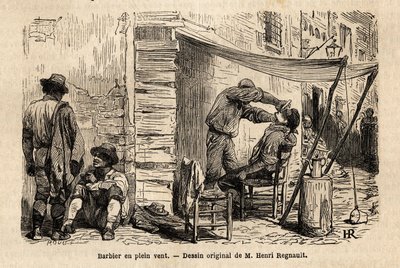 Un barbier dans le vent dans les rues de Rome. Gravure pour illustrer le voyage à Rome, par Francis Wey, 1864-1868, publié dans « Le tour du monde, nouveau journal des voyages », sous la direction d