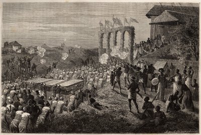 Un cortège nuptial à Tete (Mozambique). Gravure pour illustrer les premiers voyages du Dr. Livingstone en Afrique australe de 1840 à 1856, dans « Le tour du monde, nouveau journal des voyages » publié sous la direction d