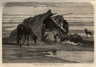 Un camp de gitans nomades dans les plaines du nord de la Bosnie. Gravure pour illustrer les souvenirs de voyage parmi les Slaves du sud, par Georges Perrot, en 1868, publié dans « Le tour du monde » 1870-1871, édité par Édouard Charton, édition Hachette, P - Unknown artist