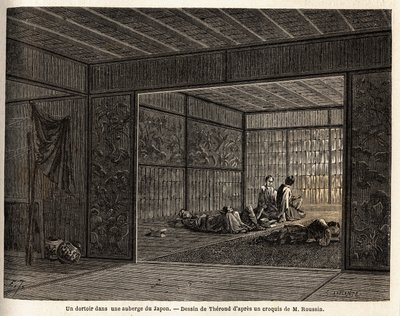 Un dortoir dans une auberge au Japon. Gravure pour illustrer le voyage au Japon en 1863-1864, par Aimé Humbert, ministre de la Confédération suisse, dans "Le tour du monde, nouveau journal des voyages", publié sous la direction d