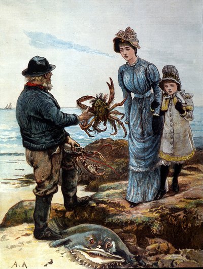 Un pêcheur montre un gros crabe à une mère et sa fille - Unknown artist