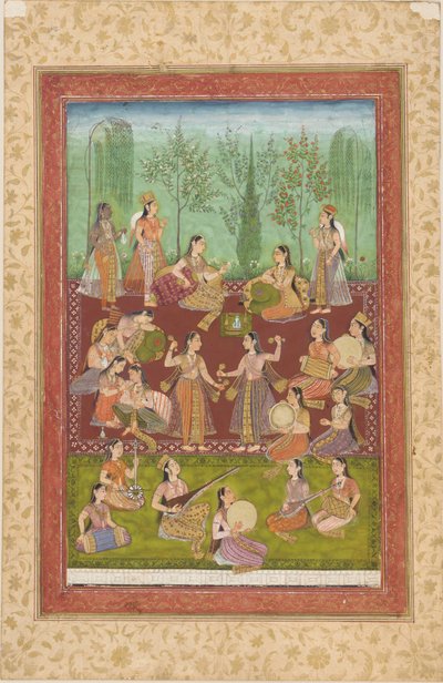 Un groupe de femmes dans un jardin, se divertissant avec de la musique et de la danse - Unknown artist