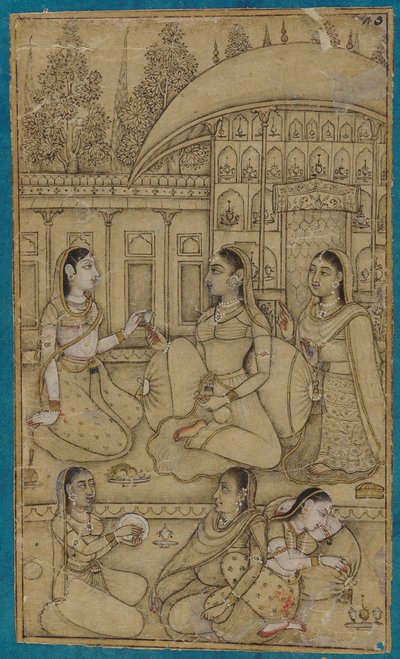 Une dame et ses serviteurs assis dans une cour - Unknown artist