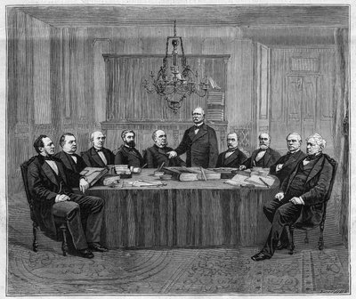 Réunion du Conseil des ministres à Versailles. De gauche à droite : Louis Buffet (1818-1898), ministre de l