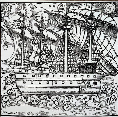 Un navigateur sur une caravelle portugaise utilisant un astrolabe - Unknown artist