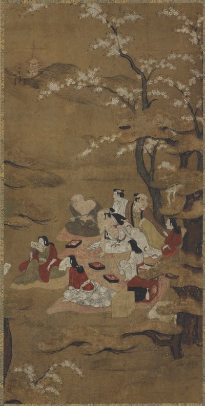 Un pique-nique : huit personnes assises sous des arbres en fleurs - Unknown artist