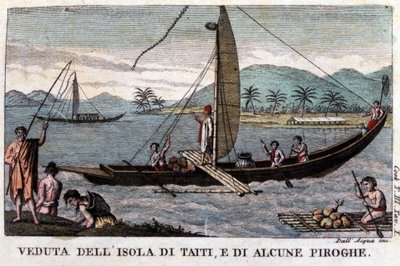 Une pirogue polynésienne à Tahiti. À bord, une cargaison de noix de coco et de fruits de l