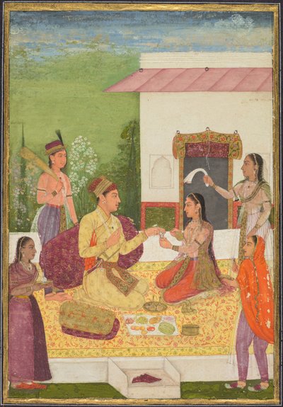 Un prince conversant avec une femme en prenant des rafraîchissements sur une terrasse (recto) - Unknown artist