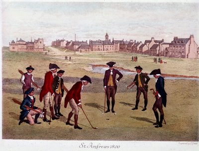 Une partie de golf avec des gentlemen britanniques à St. Andrews en Écosse en 1800, où le jeu a été créé. Lithographie du 19ème siècle Paris, arts décoratifs - Unknown artist
